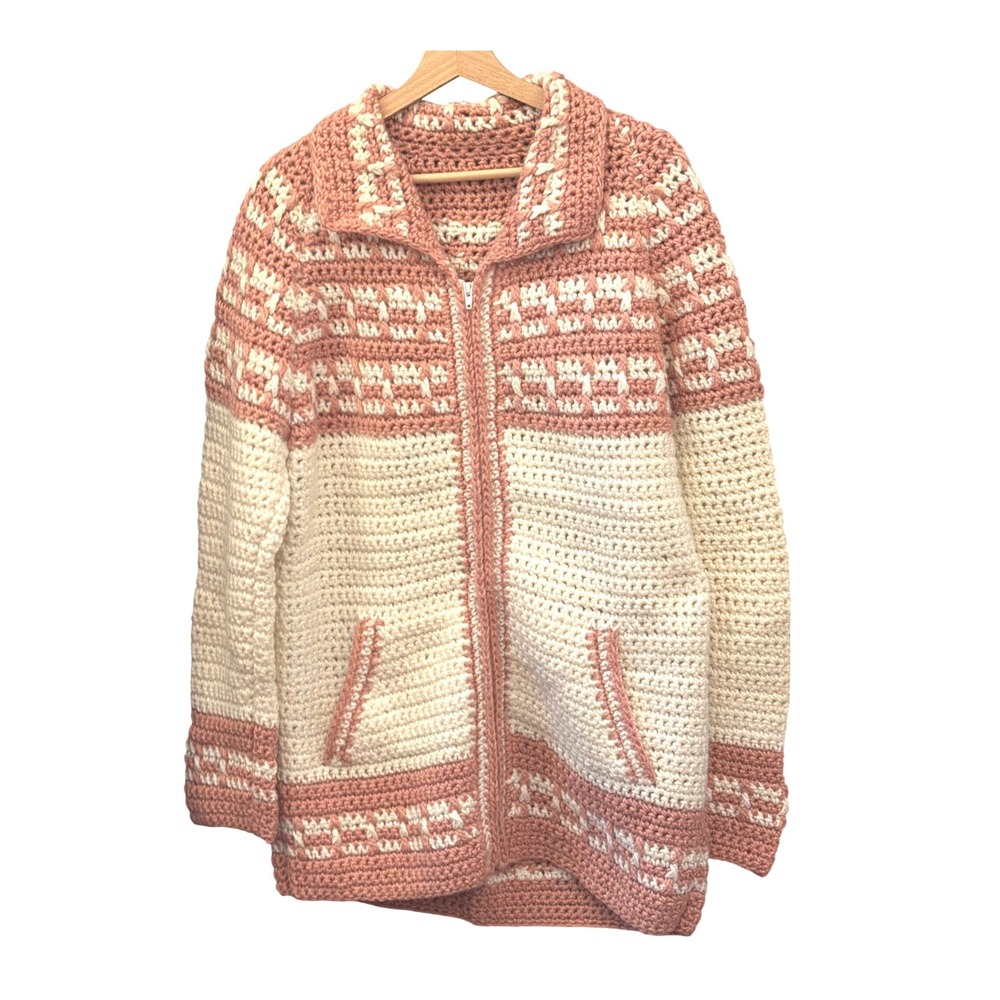 Vintage Handmade Crochet Zip Cardigan Cottagecore Grandma Core Boho Shabby Chic
